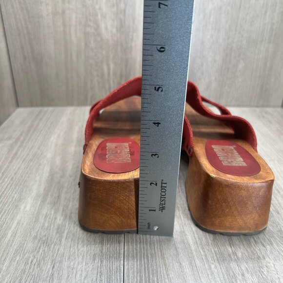 Bongo Wooden Platform Clog Sandal Size 9 Slip On Block Heel Open Toe Leather Red - Picture 11 of 12